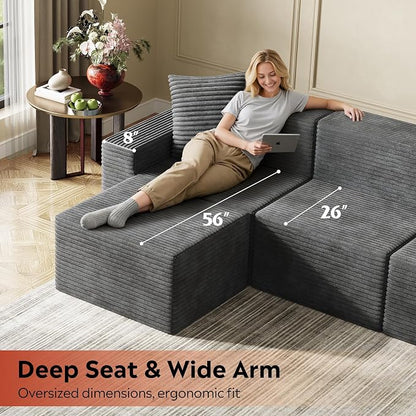 WLIVE 110'' Cloud Sectional Couches for Living Room, Modular Boneless Couch with Facing Chaise, L Shape Memory Foam Corduroy, with Ottoman, Grey