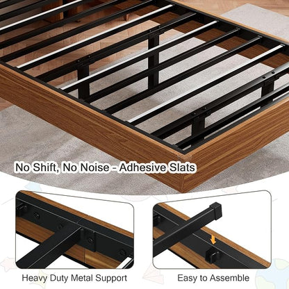 Einhomn Twin Bed Frame with Storage Headboard & LED Lights – Wood Floating Bed Frame with Charging Station, Non-Slip Slat, Kick-Free & Noise-Free Design, Easy Assembly, Walnut