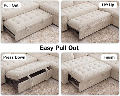 Vipbear 5 Seat L Shaped Modular Sectional Sleeper Sofa Bed with Pull Out Bed/Reclining Backrest/USB Ports/Storage Seat, Sectional Sleeper Couch, Tool-Free Assembly, Chenille Beige