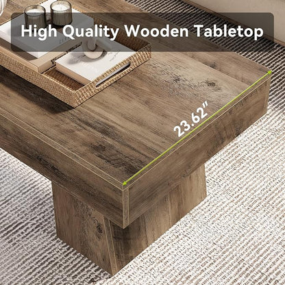 LITTLE TREE Farmhouse Coffee Table, 47 Inches Wooden Rectangular Accent Center Tables with Thick Base, Modern Low Cocktail Tea Furniture for Living Room (Rustic Brown)