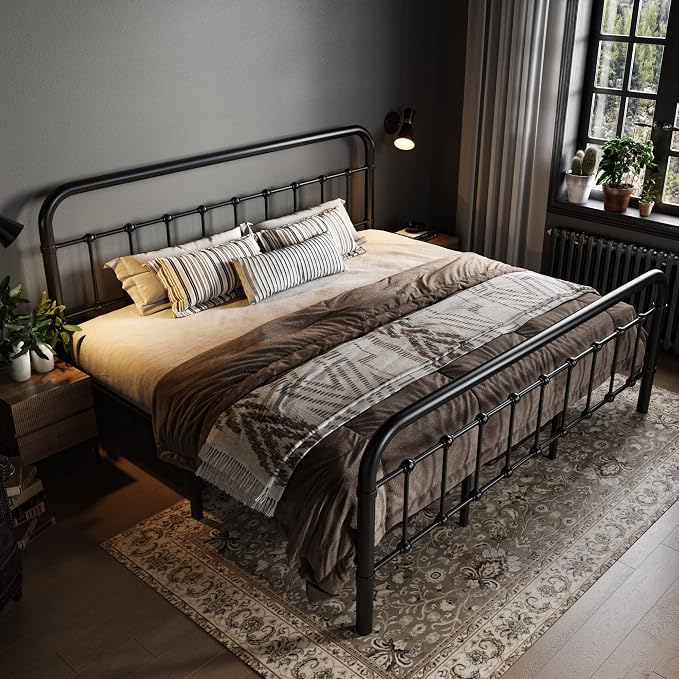 Allewie King Size Metal Platform Bed Frame with Victorian Style Wrought Iron-Art Headboard/Footboard, No Box Spring Required, Black