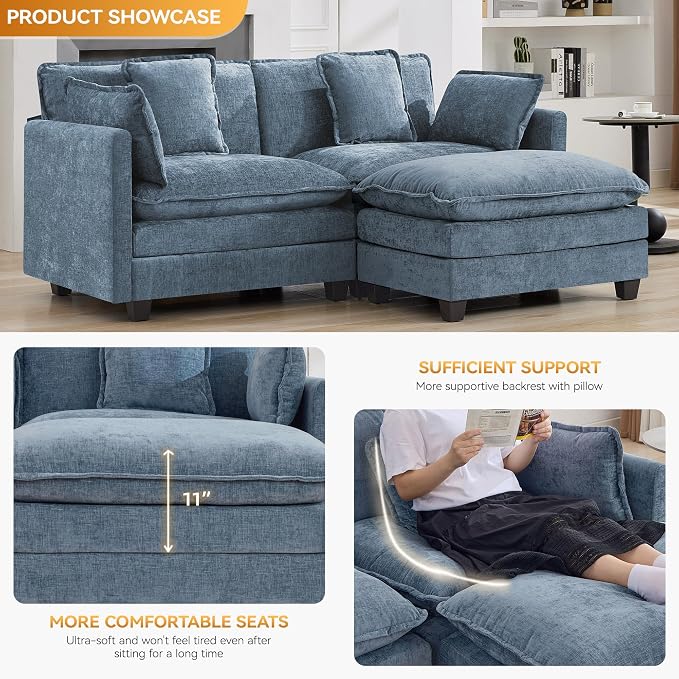 76'' Cloud Deep Seat Loveseat Sofa, Upholstered Chenille Modular 2-Seats Sectional Sofa Couch with Movable Ottoman, Modern Comfy Settee Loveseat for Living Room Set, Small Apartment, Blue