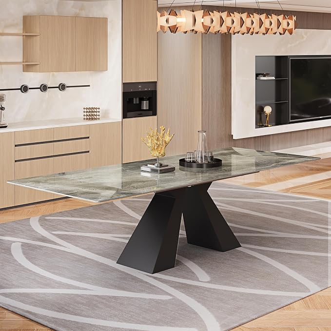 Modern Telescoping Dining Table for 8-10 People, 63-94.5 Inch Retractable Italian Grey Faux Marble Tabletop Thick Carbon Steel Base for Dining Room Kitchen Family Party