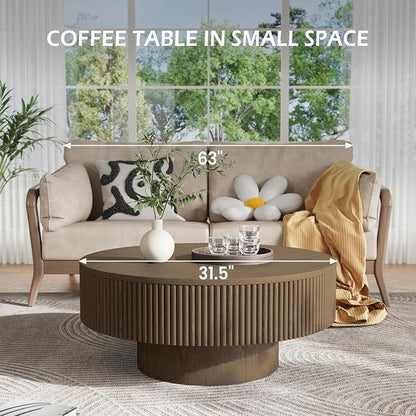 YOUDENOVA 31.5” Round Fluted Coffee Table, Modern Wood Circle Coffee Table, Veneer Handcrafted Relief Tea Table with Sturdy Pedestal for Living Room - Brown