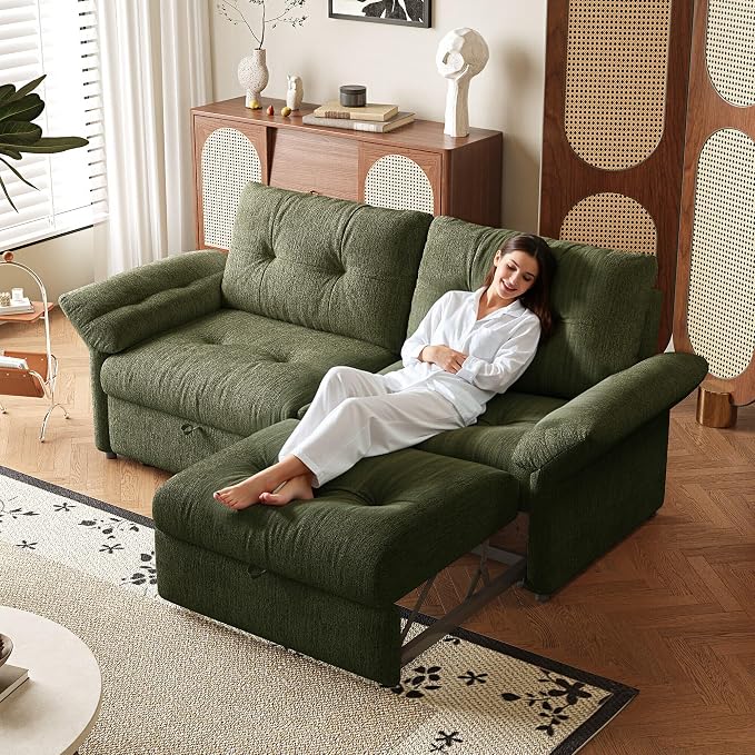 81.5" Pull Out Sofa Bed Full Size, Pre-Assembled Chenille Sleeper Sofa, Convertible Loveseat Futon Couch with Tufted, Pillows, for Apartment, Living Room, Small Spaces, dorms, Green