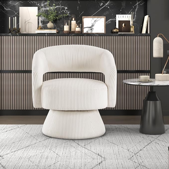 Lexicon 360 Degree Swivel Accent Chair, Modern Comfy Corduroy Round Barrel Chair, Open Back, Plush Foam Cushions, Metal Swivel Base for Living Room/Bedroom/Office/Small Spaces, Beige