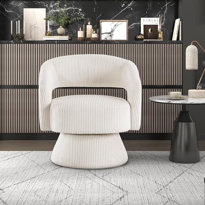 Lexicon 360 Degree Swivel Accent Chair, Modern Comfy Corduroy Round Barrel Chair, Open Back, Plush Foam Cushions, Metal Swivel Base for Living Room/Bedroom/Office/Small Spaces, Beige