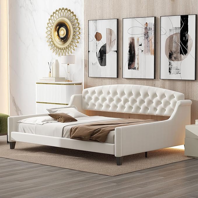 Ball & Cast Full Size Daybed, Velvet Upholstered Day Bed Frame with Button Tufted Backrest,Modern Sofa Bed for Living Room, Bedroom,Guest Room,No Box Spring Needed,Beige