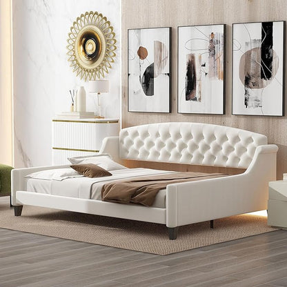 Ball & Cast Full Size Daybed, Velvet Upholstered Day Bed Frame with Button Tufted Backrest,Modern Sofa Bed for Living Room, Bedroom,Guest Room,No Box Spring Needed,Beige