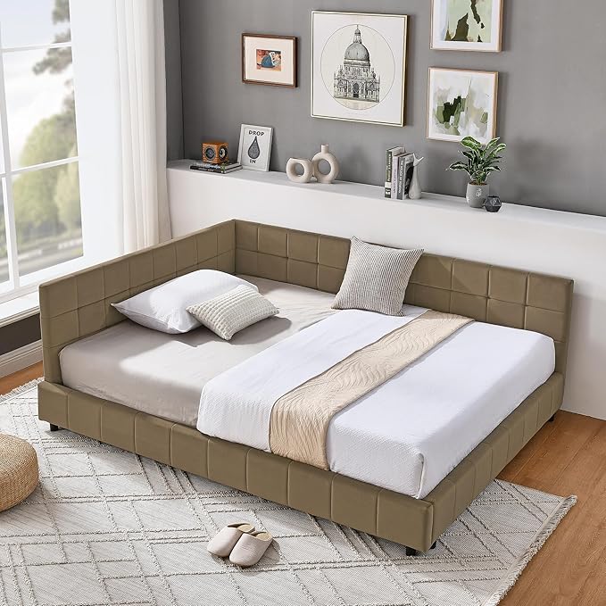 Bellemave Full Size Corner Bed Frame with Comfortable Backrest and Armrests, Velvet Tufted Corner Bed Frame Full Size, Upholstered Daybed for Bedroom, Living Room, Guest Room, Brown
