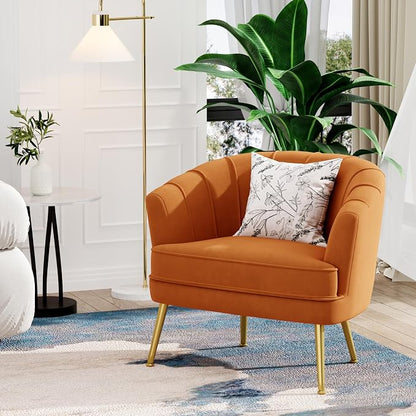 Andeworld Velvet Accent Chair, Upholstered Modern Single Sofa Side Chair,Comfy Barrel Club Living Room Armchair with Golden Metal Legs for Bedroom Living Reading Room Office,Caramel Orange