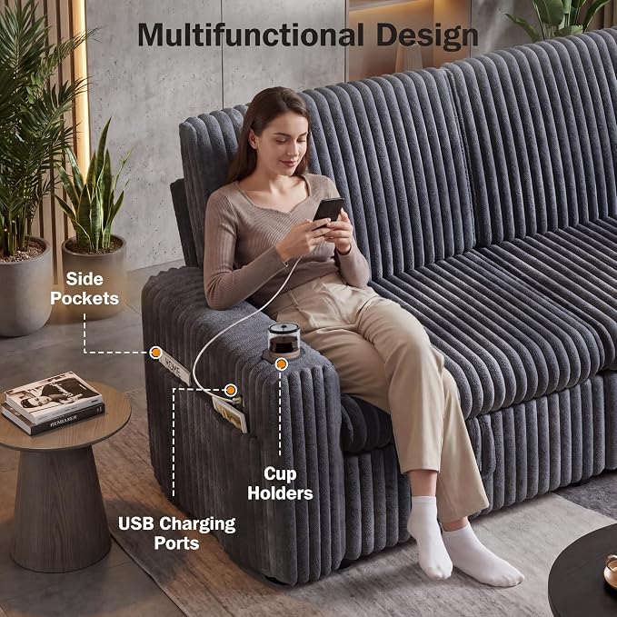 Vipbear 91" Sectional Sleeper Sofa with Pull Out Bed,5-Level Adjustable Backrest,3 Seat Modular Couch with Storage,Tool Free Assembly,USB & Cup Holders, Corduroy Sofa for Living Room,Grey
