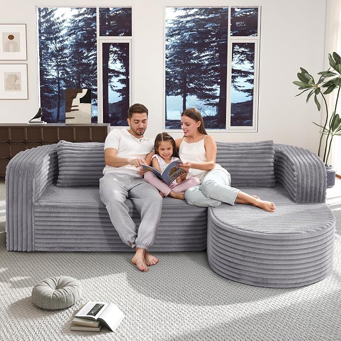 Hobestluk Modular Sectional Sofa Couches L-Shape Couch 3 Seat Modular Sofa Memory Foam Sectional Couches for Living Room, Cloud Couch (Round Lightgrey, 96", Right Hand Facing)