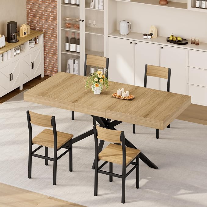 5-Piece Dining Table Set for 4 6 8, Large 55"-70.9" Extendable Dining Room Table Rectangle with Kitchen Chairs of 4, MDF Wood & Metal Frame for Apartment Kitchen Saving Space, Rustic, Farmhouse, Oak