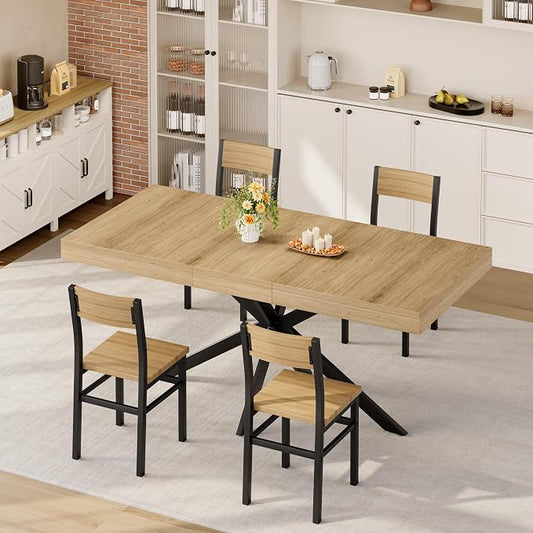 5-Piece Dining Table Set for 4 6 8, Large 55"-70.9" Extendable Dining Room Table Rectangle with Kitchen Chairs of 4, MDF Wood & Metal Frame for Apartment Kitchen Saving Space, Rustic, Farmhouse, Oak