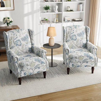 Pia Ricco Set of 2 Floral Accent Chairs, High Back Upholstered Armchairs with Retro Wingback Design, Nailhead Trim & Solid Wood Legs for Living Room Bedroom(Plants Blue)