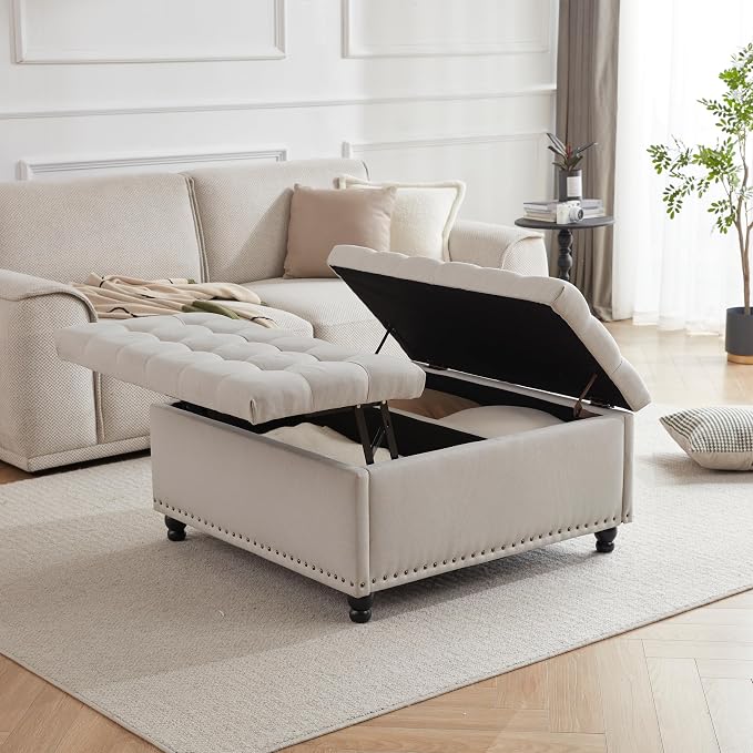 Tbfit Large Square Storage Ottoman Bench, Tufted Upholstered Coffee Table with Lift Top & Solid Wood Legs, Oversized Storage Ottomans Toy Box for Living Room (Beige)