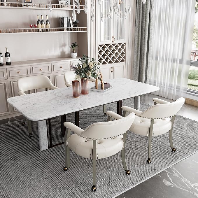 LEEMTORIG Set of 2 Large Dining Chairs with Casters and Arms, Rolling Dining Chairs with Wheels, Game Chairs, Solid Wood Boss Caption's Chairs, 26" D x 25.2" W x 31.5" H, Grey Legs & Ivory SY-1318-WT