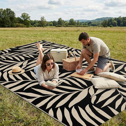 Smiry Outdoor Rug 5x8 ft, Waterproof Reversible Plastic Straw Rugs, Outdoor Area Rug with Leaf Pattern, Outside Floor Mat for Patio, Backyard, Deck, Picnic, Beach, Camping, Black & Beige