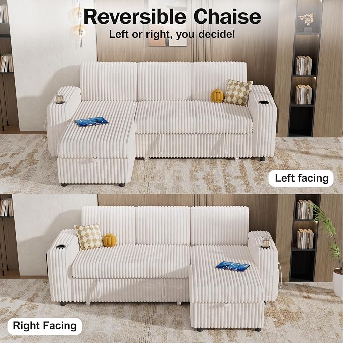 WEUP 86" Modular Sectional Sleeper Sofa with Pull Out Bed, 3 Seat Plush Corduroy L Shaped Couch with USB Ports|Cup Holders|Side Table|Storage Chaise Armrests, Tool Free Assembly, Beige