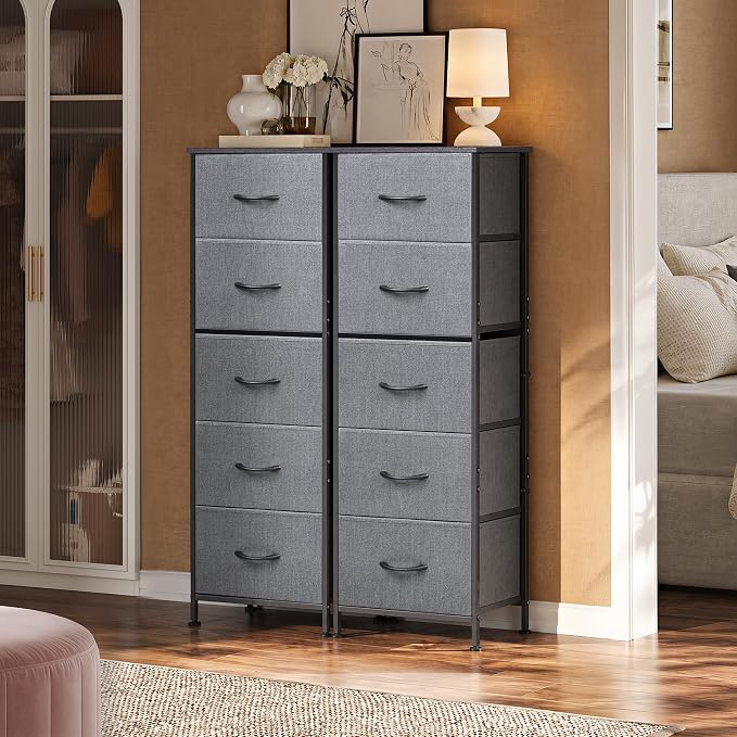 WLIVE Fabric Dresser, 5-Drawer Tall Dressers for Bedroom, Storage Dresser Organizer with Fabric Bins, Wood Top, Sturdy Steel Frame, Chest of Drawers for Closet, Hallway, Dark Grey