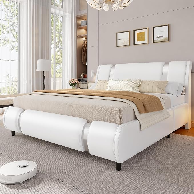 Keyluv Modern Queen Size Bed Frame with Mirror Metal Decoration, Faux Leather Upholstered Platform Bed with Curved Headboard, Wooden Slats Support, No Box Spring Needed, White