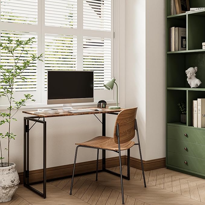 alawooder 39.4" Folding Desk: No Assembly, Wood Top for Small Spaces | 39.4 in dual-monitor workspace, holds 150 lbs, folds flat to 2.3 in, splash-proof top, home office or gaming