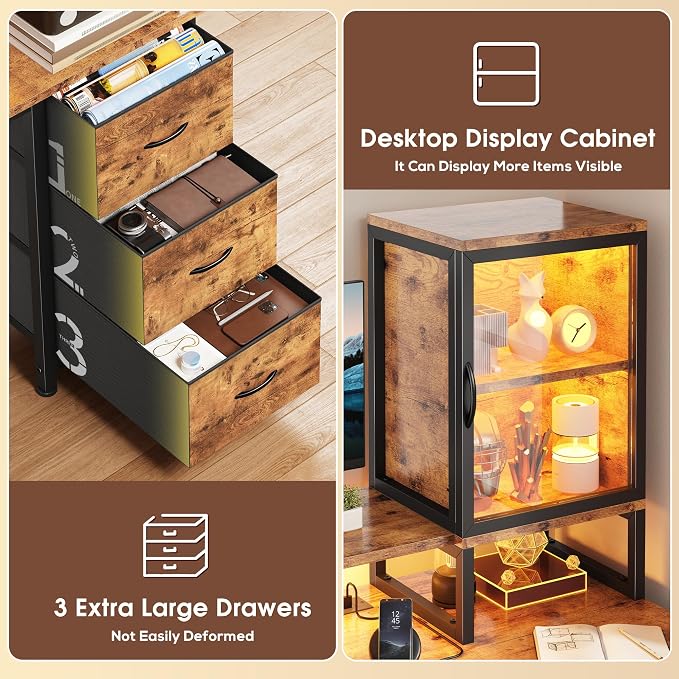 DurayLoly Computer Desk, 47" Desk with Cabinet to Display & RGB Light, Home Office Desks with 3 Drawers for Small Space, 2 AC Power Outlets and 2 Ports, Monitor Stand for Student Bedroom, Brown