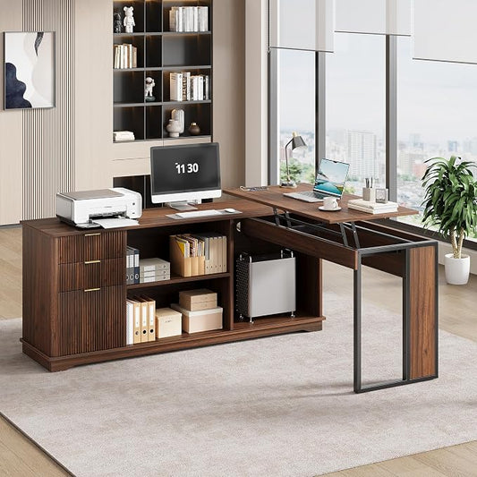 55'' Executive Desk with 3 Fluted Drawers, L Shaped Computer Desk with Lift Desktop & Power Outlets, Storage Shelves, CPU Stand, Industrial Office Desk with Cabinet (Dark Walnut)
