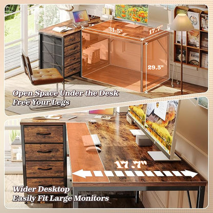 PRAISUN 43.3" Small Computer Desk with Power Outlets & USB-C Port, Reversible L Shaped Corner Office Desk with 4 Fabric Drawers and 2 Adjustable Storage Shelves, for Gaming Writing, Rustic Brown