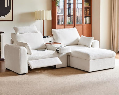 102.8'' Loveseat Power Recliner Sofa with Headrest, Oversized Cloud Modular Sectional Couch with Table, Drawer, Charging, 3-Seater with Storage Ottoman for RV Home Theater, Chenille, White