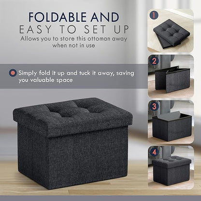 Ornavo Home Small Storage Ottoman, Set of 2, Foldable Collapsible Rectangle Linen Ottoman Foot Rest Stool Seat, for Living Room, Bedroom, Home Office, Dorm - 12 x 16 x 12, Black