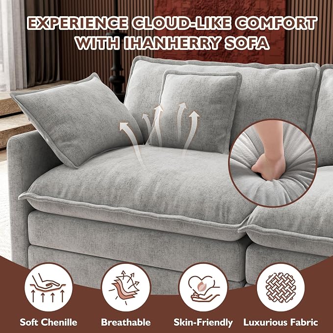Ihanherry 114" V-Shaped Modern Sofa Modular Sectional Cloud Couch with 2 Ottoman, 7-Seat Chenille Deep Seat Sofa with Corner Section for Living Room, Bedroom and Apartment, Grey