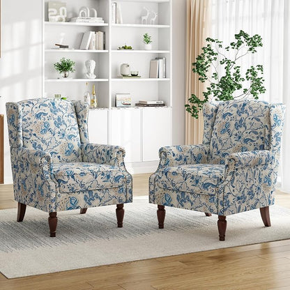 Pia Ricco High Back Floral Accent Chair - Retro Wingback Upholstered Armchair with Nailhead Trim, Solid Wood Legs, Fabric Living Room Bedroom Reading Chair (Flower Blue)