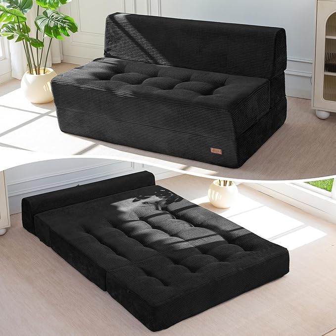 MAXYOYO 8" Folding Sofa Bed, Fold Out Chair Bed, Convertible Floor Sofa Couch, High-Density Foam Tufted Lounge Couch for Living Room Bedroom Dorm, Loveseat, Black