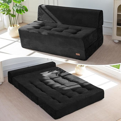 MAXYOYO 8" Folding Sofa Bed, Fold Out Chair Bed, Convertible Floor Sofa Couch, High-Density Foam Tufted Lounge Couch for Living Room Bedroom Dorm, Loveseat, Black
