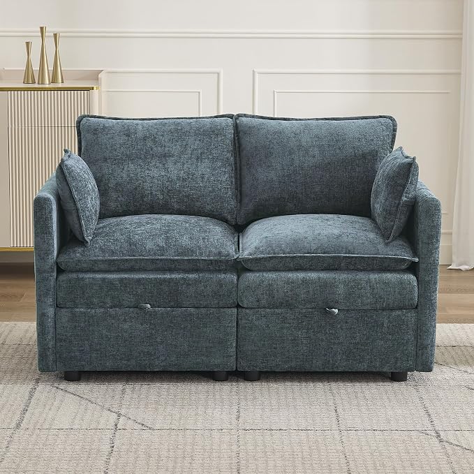 55" Cloud Modular Loveseat Sofa with Storage, Modern Upholstered Sofa Couch Small Love Seat，2 Seater Chenille Comfy Sectional Sofa with Armrests for Living Room, Small Space, Blue
