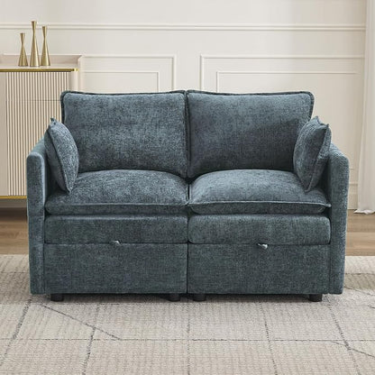 55" Cloud Modular Loveseat Sofa with Storage, Modern Upholstered Sofa Couch Small Love Seat，2 Seater Chenille Comfy Sectional Sofa with Armrests for Living Room, Small Space, Blue