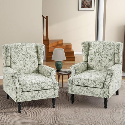 High Back Accent Chair, Fabric Upholstered Armchair for Living Room, Floral Printed Wingback Arm Chair with Solid Wood Legs, Retro Nailhead Trim Single Sofa Bedroom Reading Seat - Rococo Green