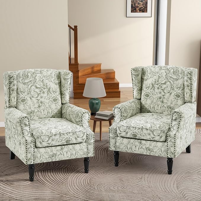 High Back Floral Accent Chairs Set of 2, Fabric Upholstered Armchair Wingback Arm Chair for Living Room, Nailhead Trim Single Sofa Bedroom Side Reading Seat with Solid Wood Legs - Rococo Green
