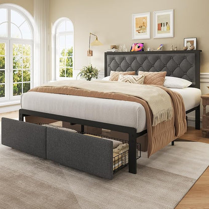 Fluest Queen Bed Frame with 2 Storage Drawers, Upholstered Headboard Button Tufted Bed Frame with Charging Station, No Box Spring Needed, Noise-Free, All Metal Structure, Grey