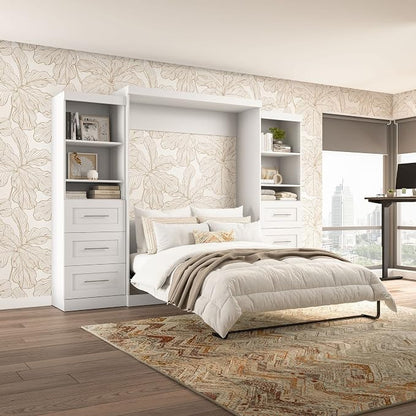 Bestar Pur Queen Murphy Bed and 2 Shelving Units with Drawers, 115-inch Space-Saving Sleeping Arrangement for Multipurpose Area, Bedroom, Guest Room, or Living Room