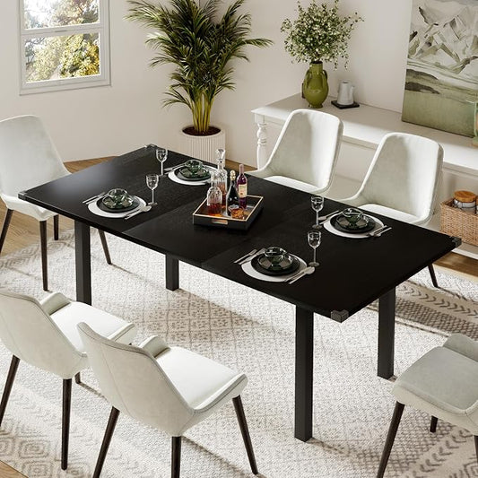 Feonase 63 Inch Extendable Kitchen Table, Modern Farmhouse Dining Table for 4-8, Wooden Dining Room Table for Small Space, Dining Room, Home Office, Living Room Furniture,Black
