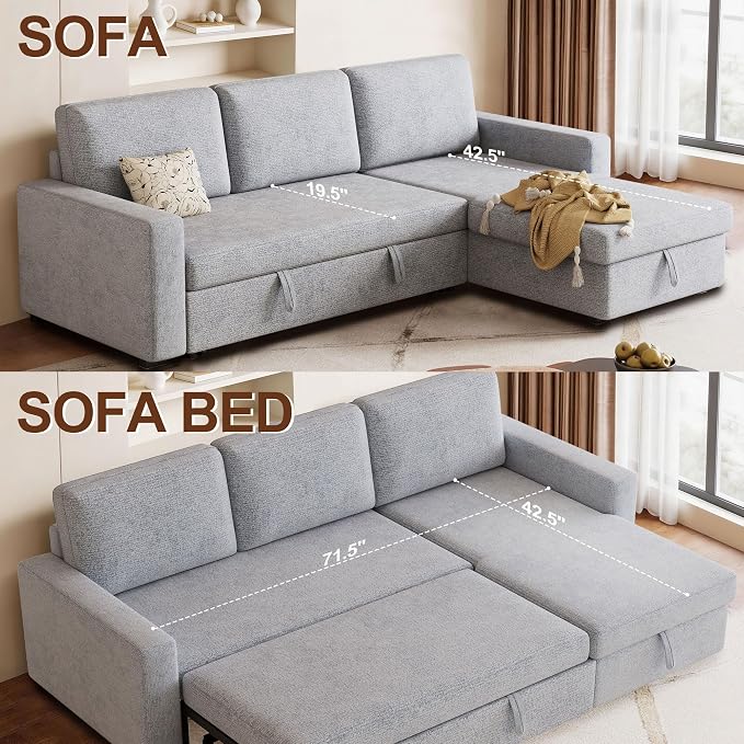 81" Convertible L-Shaped Pull Out Sectional Sleeper Sofa Bed, Light Gray | Storage Chaise, Pull Out Sectional Couch, Removable Cushions, Chenille Fabric, For Small Apartment & Living Room