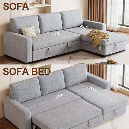 81" Convertible L-Shaped Pull Out Sectional Sleeper Sofa Bed, Light Gray | Storage Chaise, Pull Out Sectional Couch, Removable Cushions, Chenille Fabric, For Small Apartment & Living Room