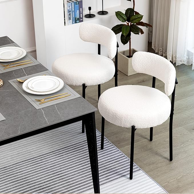 DYHOME White Boucle Dining Chairs Set of 4, Upholstered Kitchen Chairs with Thick Cushions and Metal Legs, Round Modern Dining Room Chairs