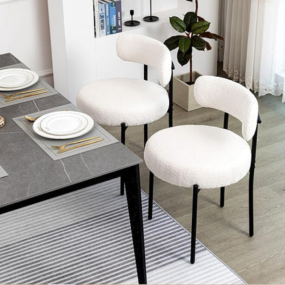 DYHOME White Boucle Dining Chairs Set of 6, Mid Century Modern Dining Room Chairs with Curved Backrest, Upholstered Kitchen Chairs with Black Metal Legs