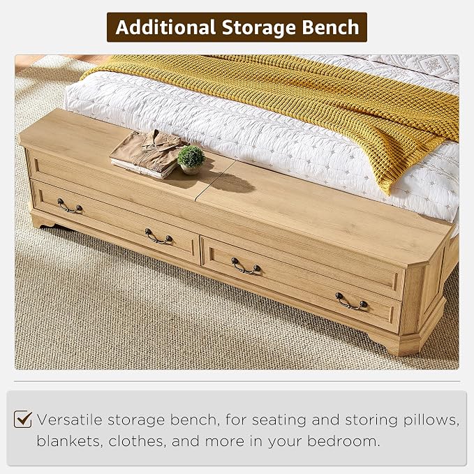 T4TREAM Farmhouse King Bed with Headboard and Storage Bench, Rustic Wood Platform Bed with 80" Storage Chest w/ 4 Large Drawer (Natrual Oak)