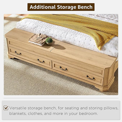 T4TREAM Farmhouse King Bed with Headboard and Storage Bench, Rustic Wood Platform Bed with 80" Storage Chest w/ 4 Large Drawer (Natrual Oak)