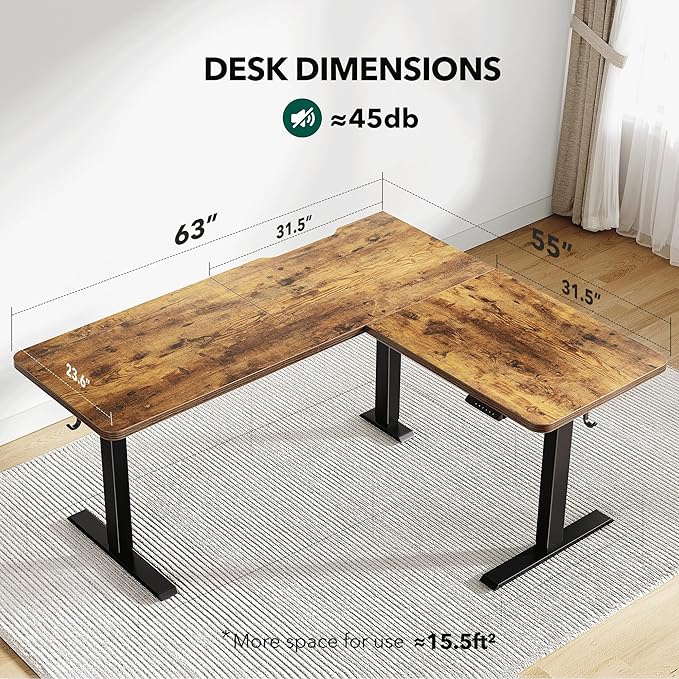 Cubiker L Shaped Standing Desk, 63" Electric Height Adjustable Corner Standing Desk L Shape, Sit Stand Home Office Desk with Splice Board, Rustic Brown Top